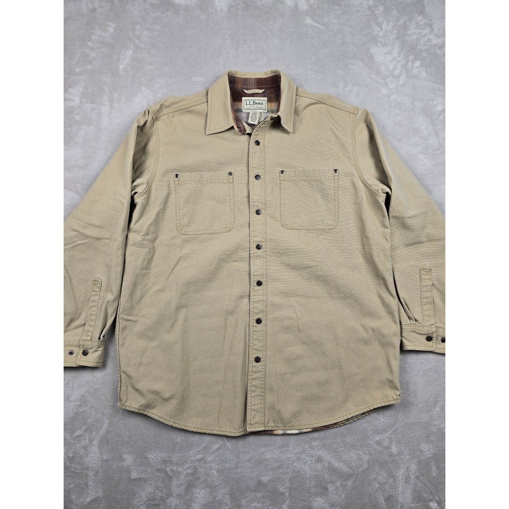 Vintage LL Bean Canvas Work Shirt Jacket Mens L Beige Plaid Lined Heavy Snap Y2K